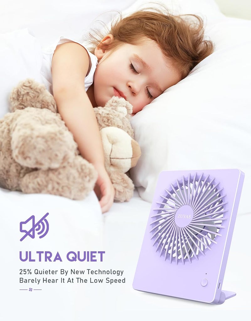 Zuvas Desk Fan Battery Operated Fan Rechargeable 180°Tilt Folding Personal Fan Ultra Quiet Small Portable 3 Speed Adjustable Strong Wind Fan For Office Bedroom Home Desktop Camping (Light Purple) - Image 2
